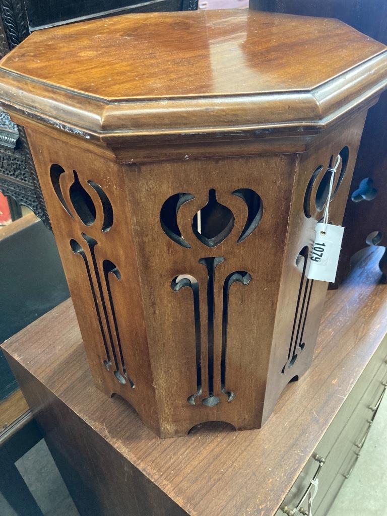 An Art Nouveau octagonal mahogany occasional table, width 34cm, depth 34cm, height 32cm together with a similar larger table